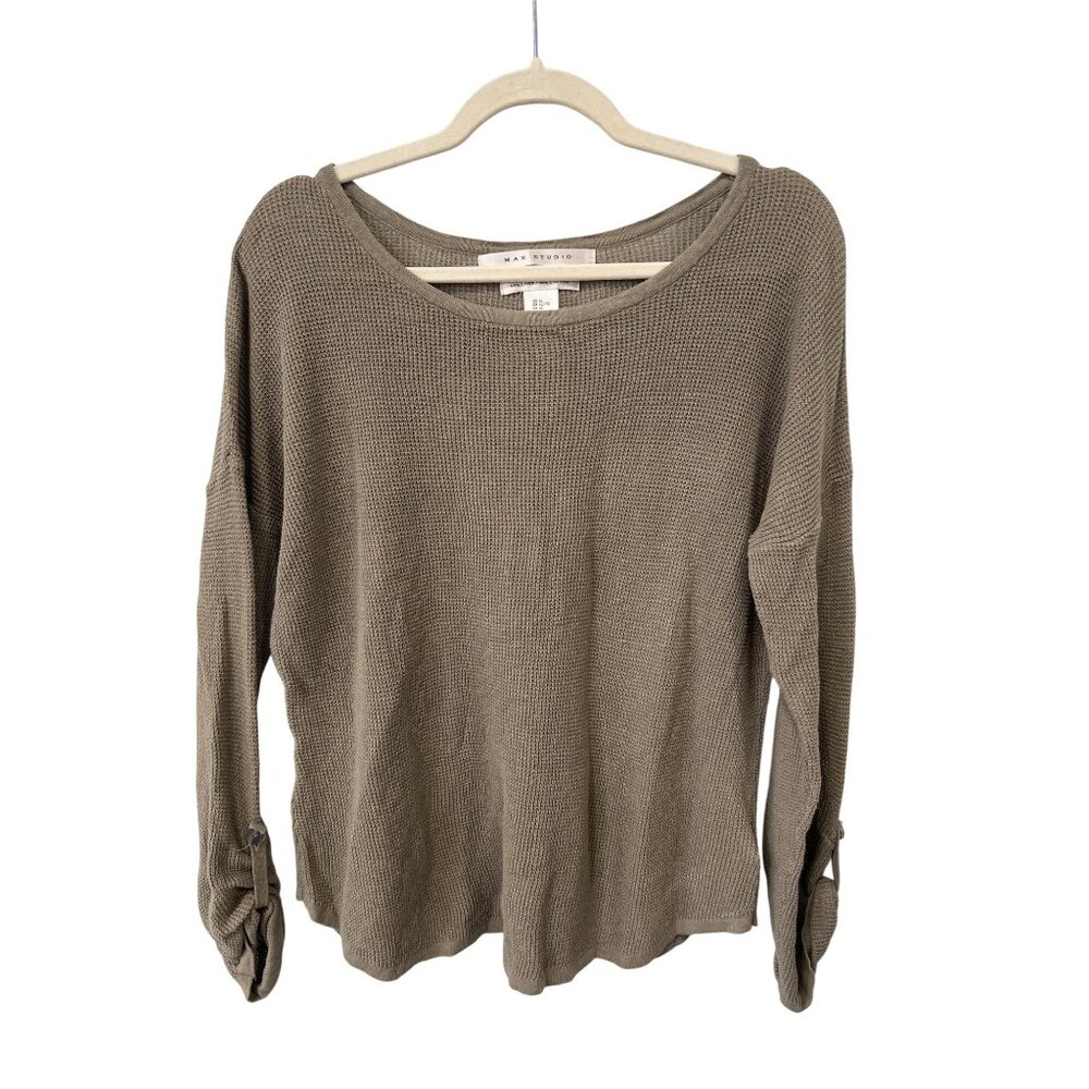 Max Studio Button Back Long Sleeve Sweater Women XL Linen Blend Tan Neutral Cozy